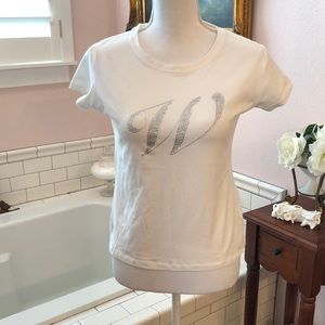 Zara white capped sleeve T-shirt with initial “W” made of rhinestones size LG